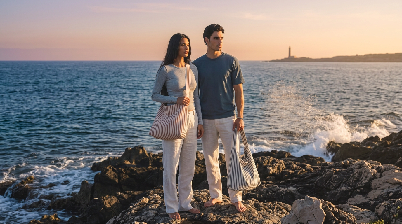 A man and a woman standing on rocky shores by the ocean at sunset, each holding a striped tote bag. The scene is lit by warm golden hour light, with waves crashing behind them and a distant lighthouse on the horizon.