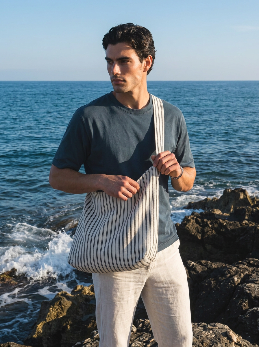 A man standing on a rocky beach wearing a navy blue t-shirt and light beige linen pants, carrying a large cream and navy striped canvas shoulder bag.