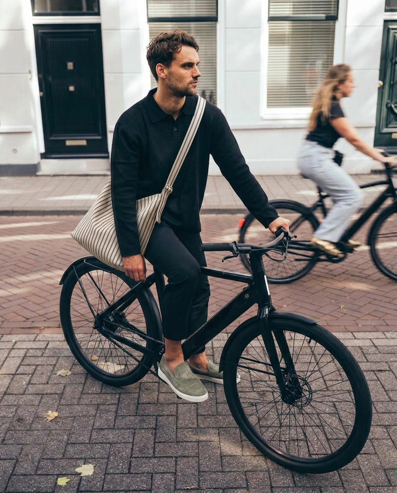 A man in a black long-sleeve shirt and black pants sits on a black bicycle on a brick sidewalk, wearing a beige striped shoulder bag and light gray slip-on shoes. Another cyclist is blurred in the background in front of a white building.